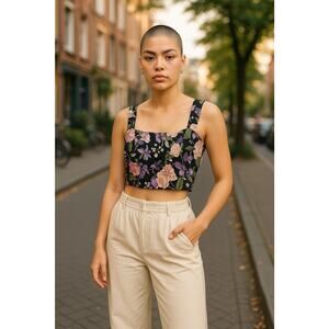 Agua Bendita Women’s Large Multicolor Leah Crop Black Floral Tank Top NEW